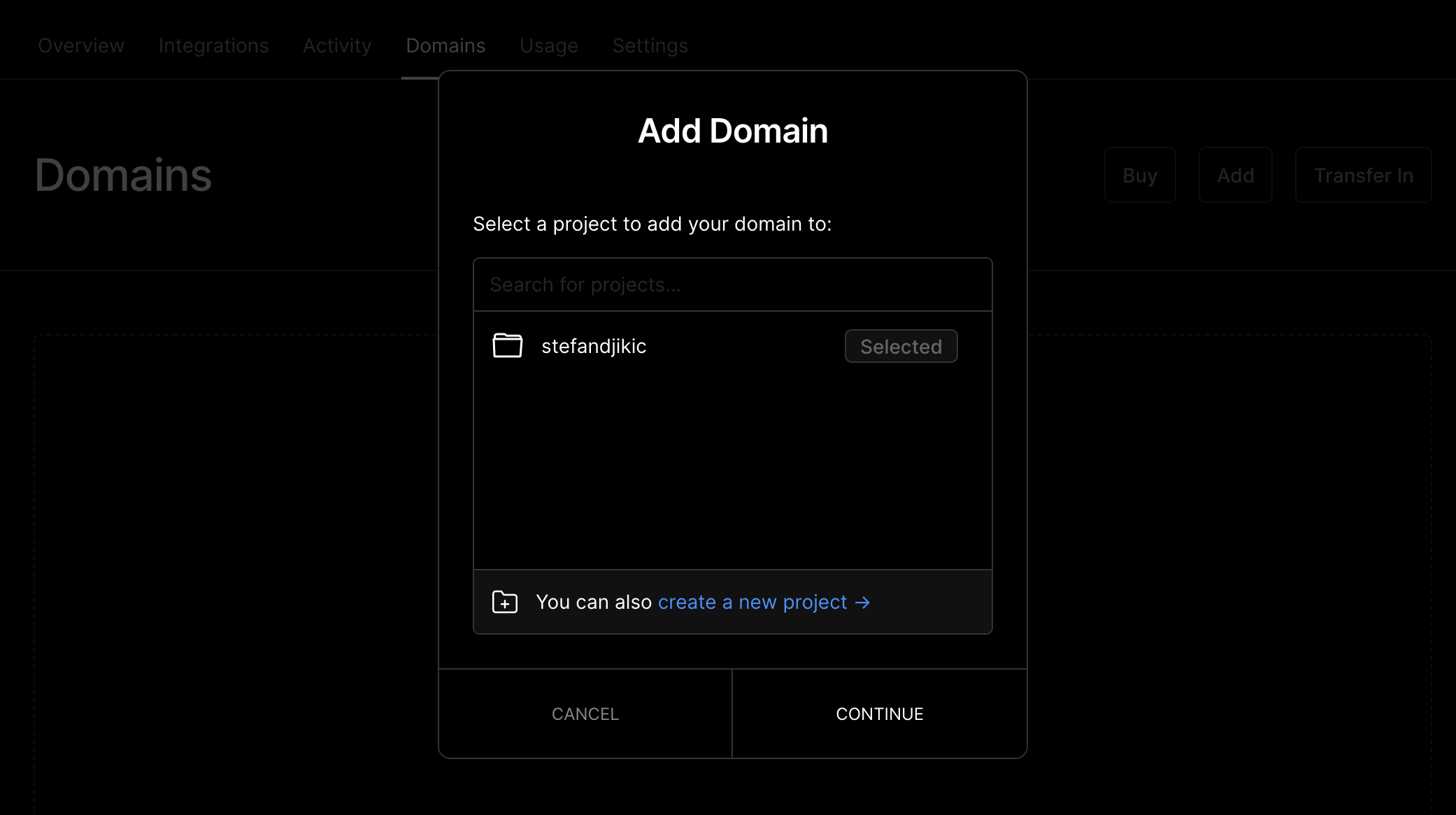 vercel domain modal